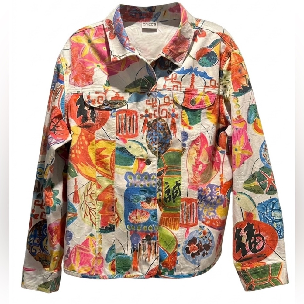 Chicos Art to Wear Colorful Art Deco Oriental Denim Chore Jacket Size S/M